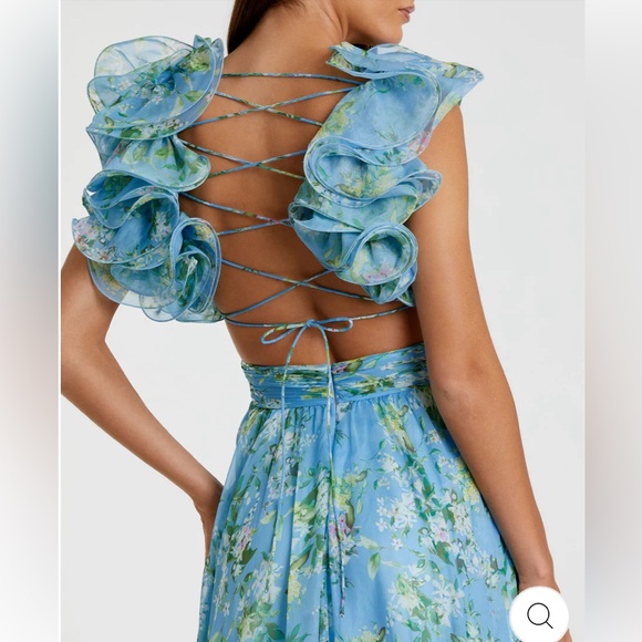 Mac Duggal Ruffle Tiered Floral Cut-out Chiffon Blue floral gown size 12 stunner - Picture 14 of 15